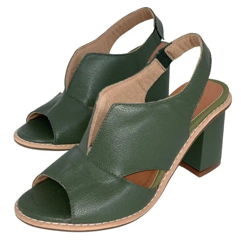 Sandali donna in pelle verde, tacco largo, design aperto, cinturino posteriore elastico. Scarpe estive eleganti, comode e alla moda.