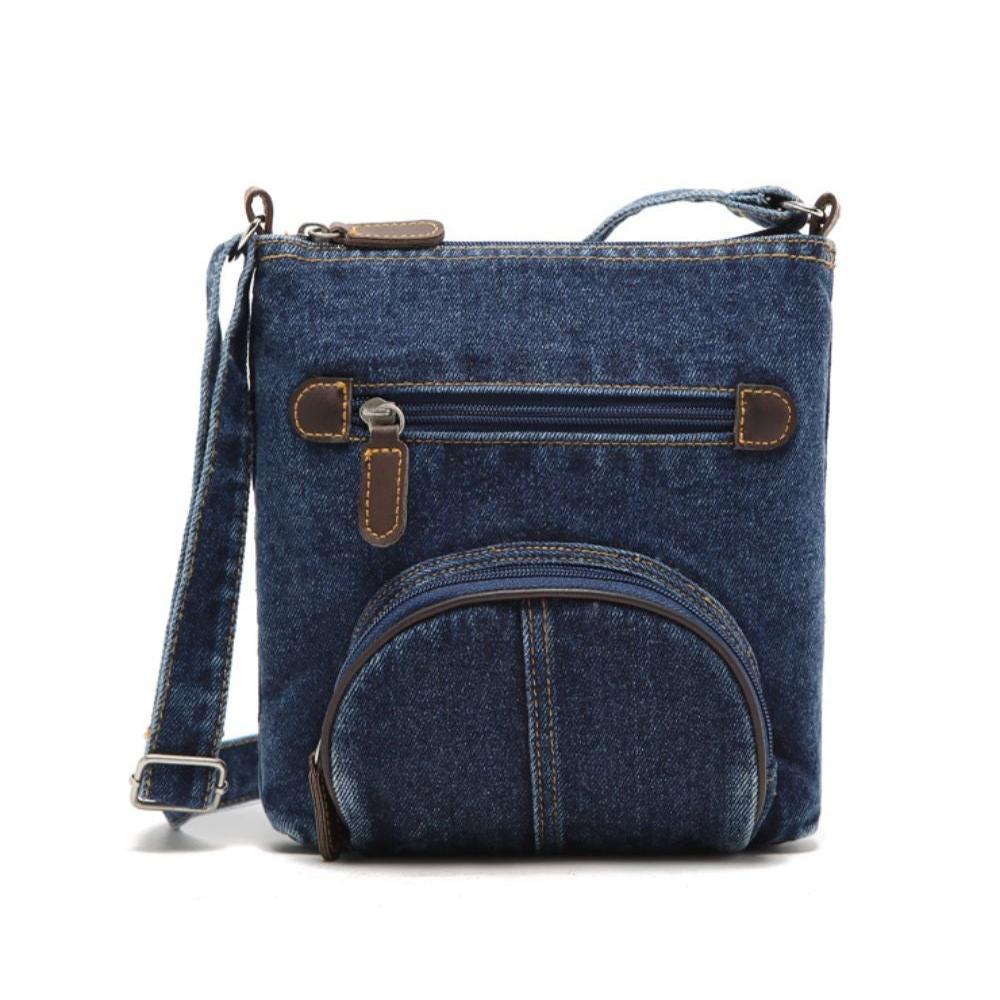 Borsa a tracolla in denim blu con tasche multiple e cerniere, design casual e pratico, ideale per uso quotidiano e moda urbana.