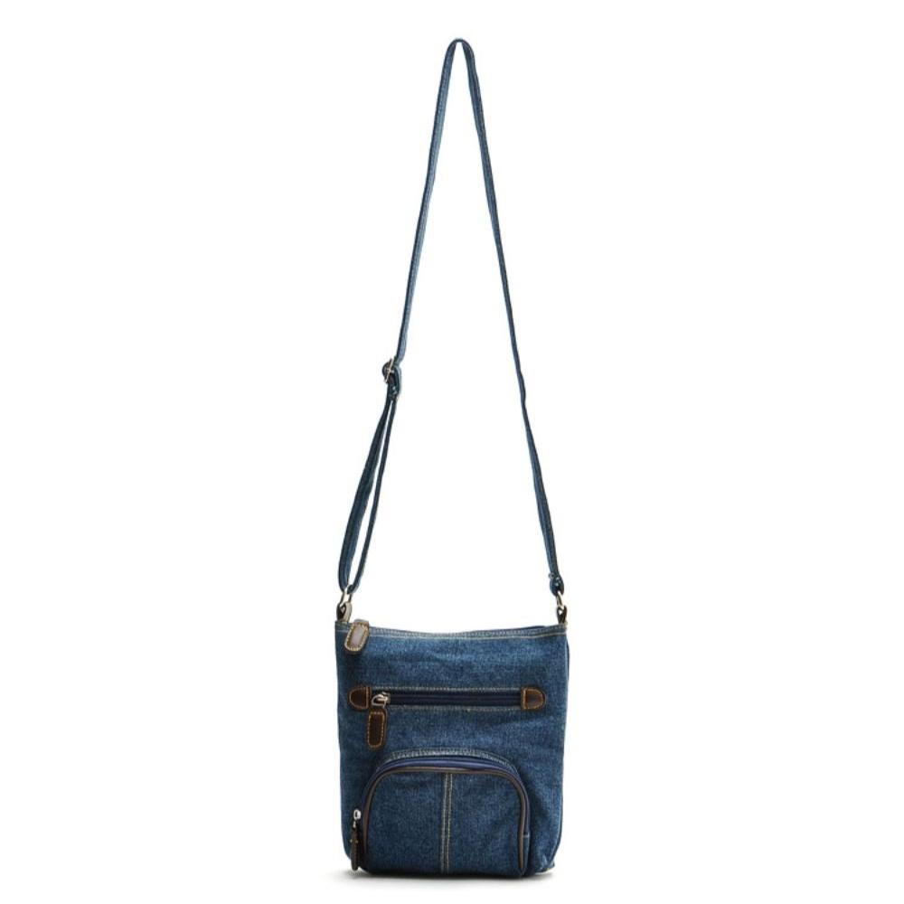 Borsa a tracolla in denim blu con cerniere multiple, design casual e pratico, ideale per uso quotidiano. Accessorio moda donna versatile e trendy.