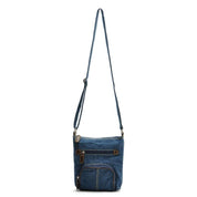 Borsa a tracolla in denim blu con cerniere multiple, design casual e pratico, ideale per uso quotidiano. Accessorio moda donna versatile e trendy.