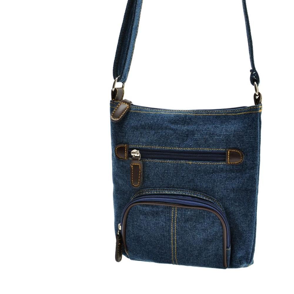 Borsa a tracolla in denim blu con tasche multiple e cerniere, design casual e pratico, ideale per uso quotidiano e moda urbana.