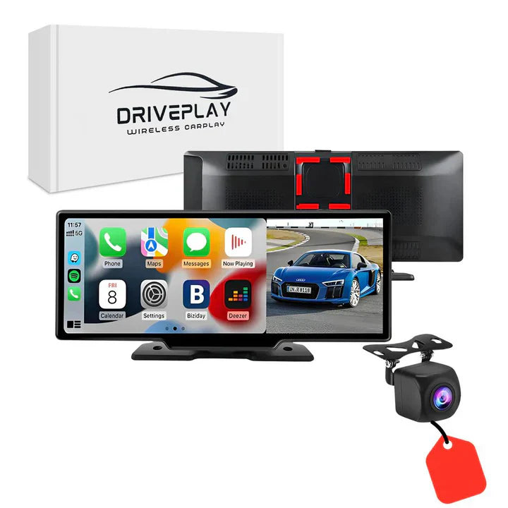 Sistema CarPlay wireless DrivePlay con schermo touch, telecamera posteriore e confezione. Accessori auto, tecnologia avanzata, guida sicura.