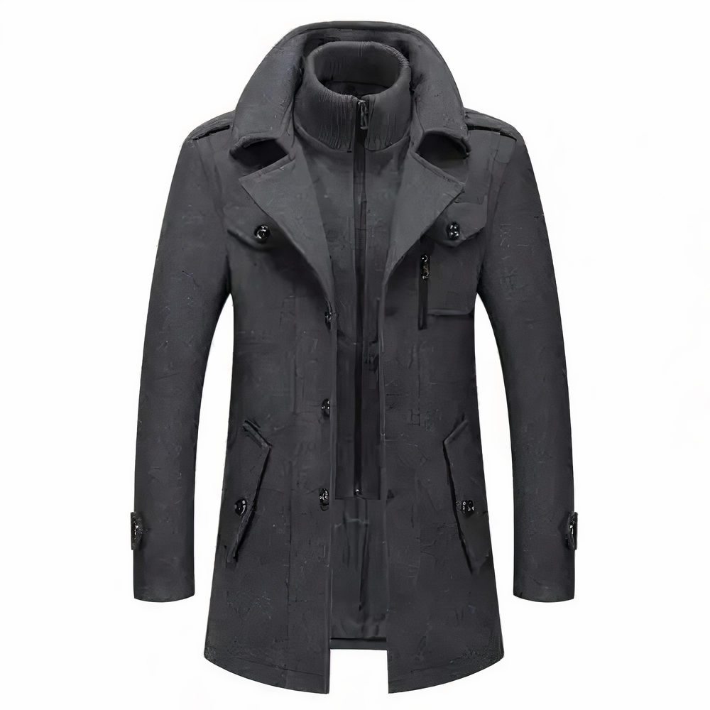Cappotto invernale uomo nero, elegante e caldo, con doppio petto, colletto alto e tasche multiple. Ideale per moda maschile e abbigliamento invernale.