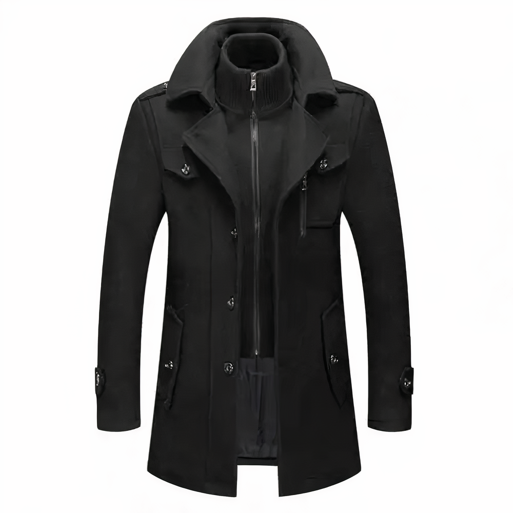 Cappotto uomo nero elegante, lungo, con colletto alto e chiusura a bottoni, tasche frontali, ideale per moda invernale e look formale.