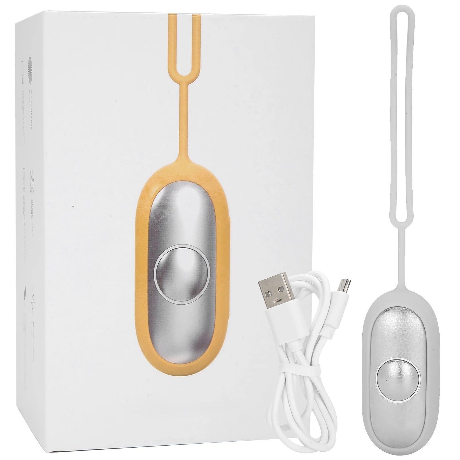 Scatola e dispositivo repellente per zanzare portatile con cavo USB, colore argento e cinturino giallo. Tecnologia anti-zanzare, ricaricabile.