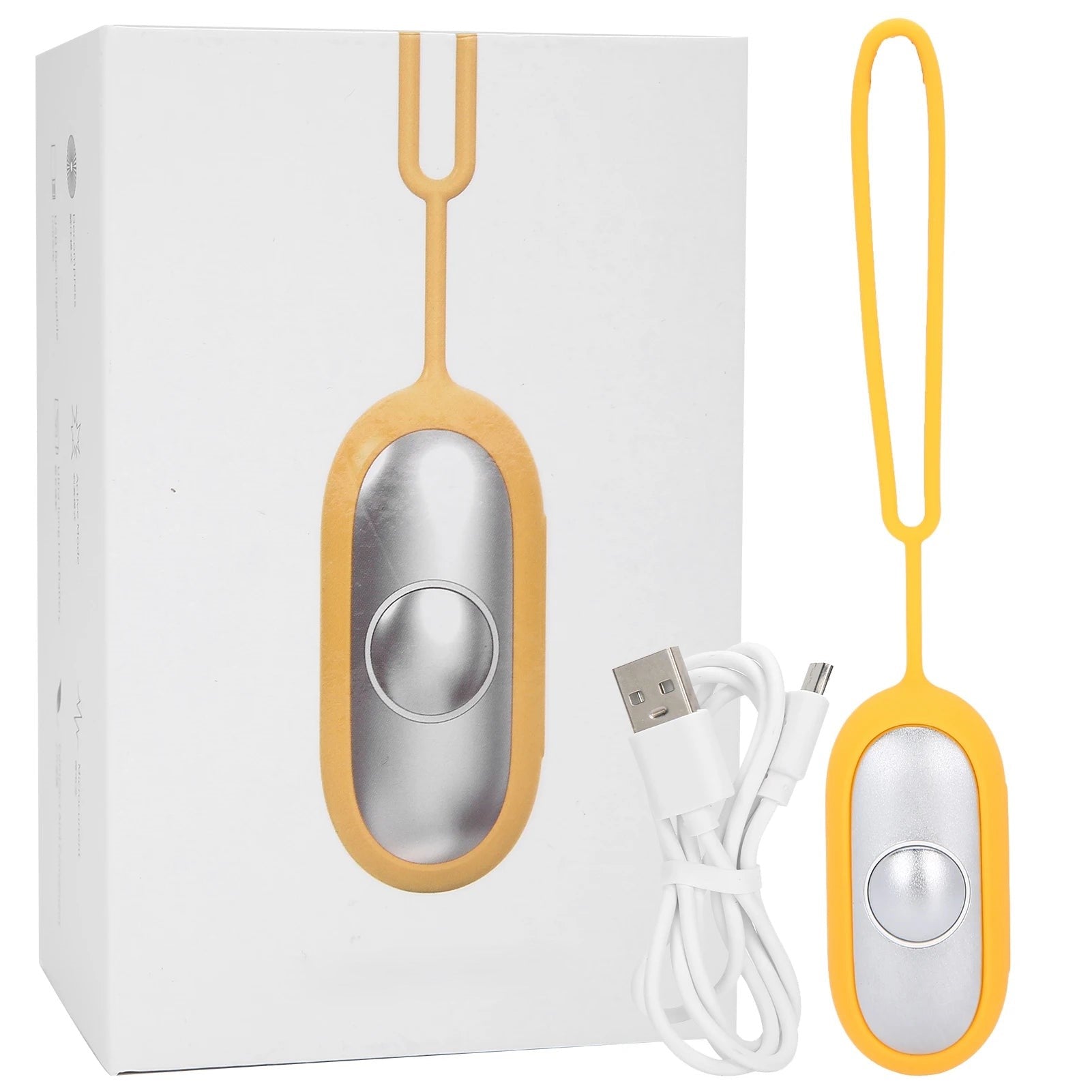 Scatola e caricatore USB per vibratore giallo con telecomando. Dispositivo per massaggio personale, design moderno, accessorio benessere.