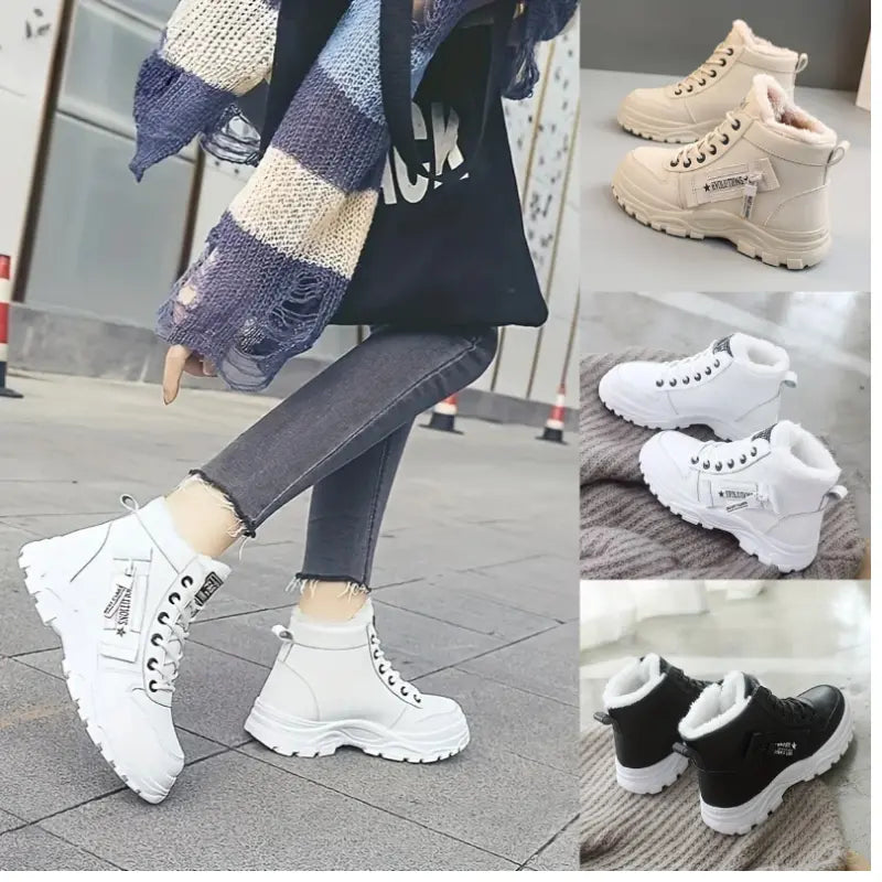 Scarpe da donna invernali, stivaletti bianchi, beige e neri con suola spessa, pelliccia interna, moda casual, perfetti per il freddo.