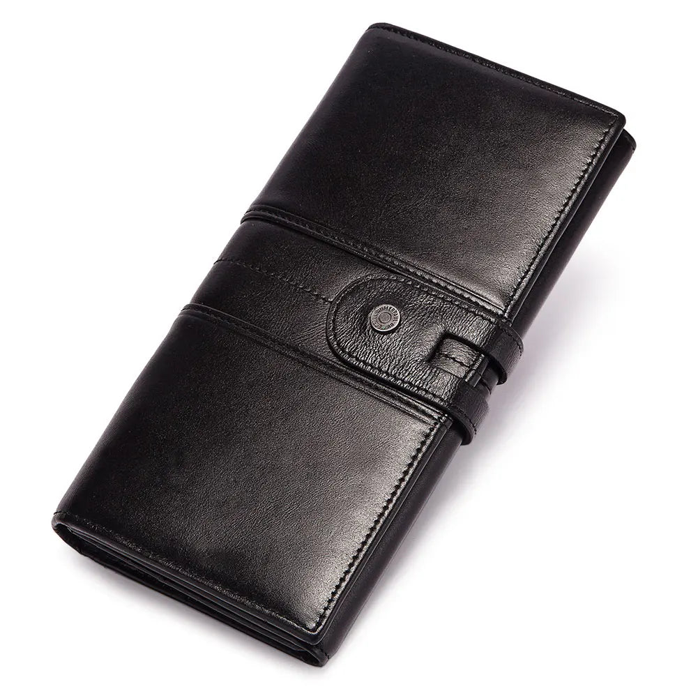 Portafoglio lungo in pelle nera elegante, chiusura a bottone, design classico, accessorio moda uomo e donna, alta qualità artigianale.