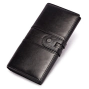 Portafoglio lungo in pelle nera elegante, chiusura a bottone, design classico, accessorio moda uomo e donna, alta qualità artigianale.