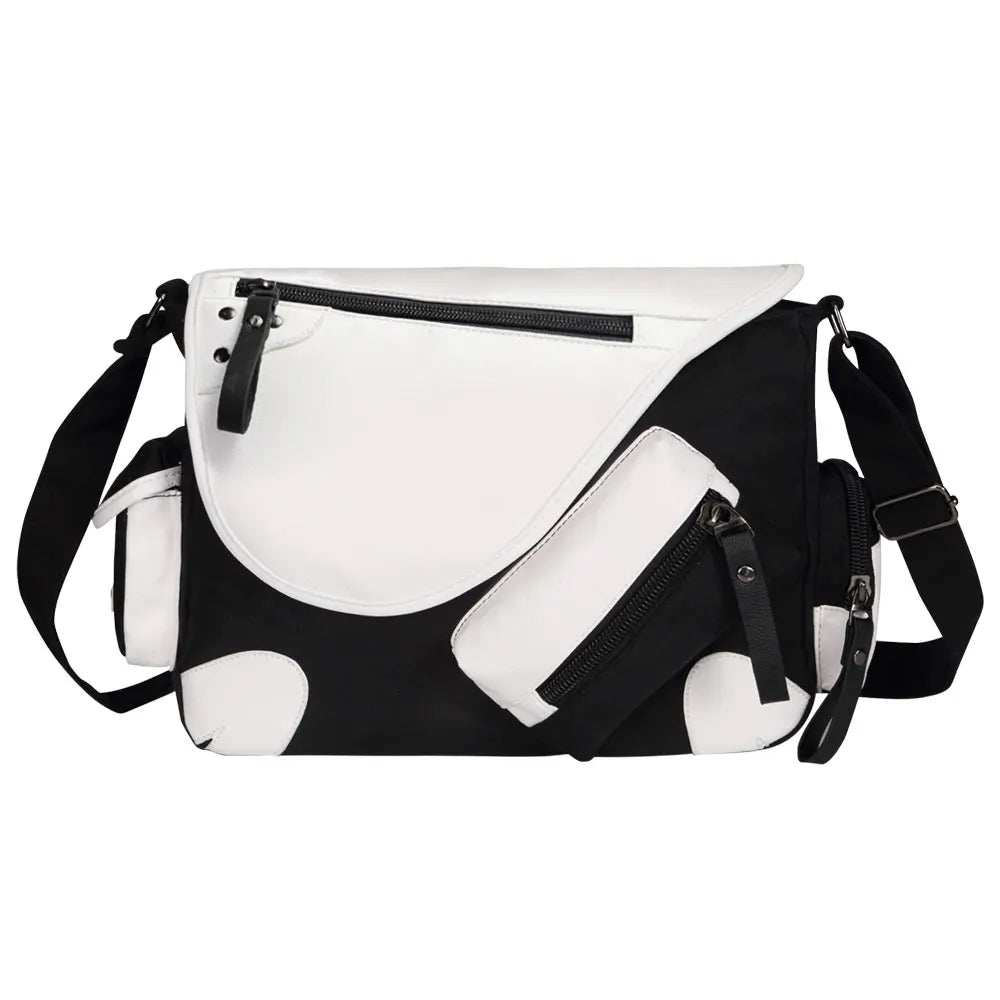 Borsa a tracolla bianca e nera con tasche multiple e cerniere, design moderno, ideale per uso quotidiano e viaggi. Accessorio moda unisex.