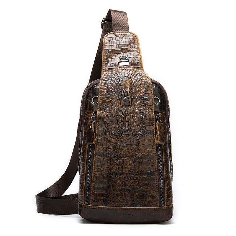 Zaino monospalla in pelle marrone con texture coccodrillo, design elegante e pratico, ideale per uomo, moda urbana, accessorio di tendenza.