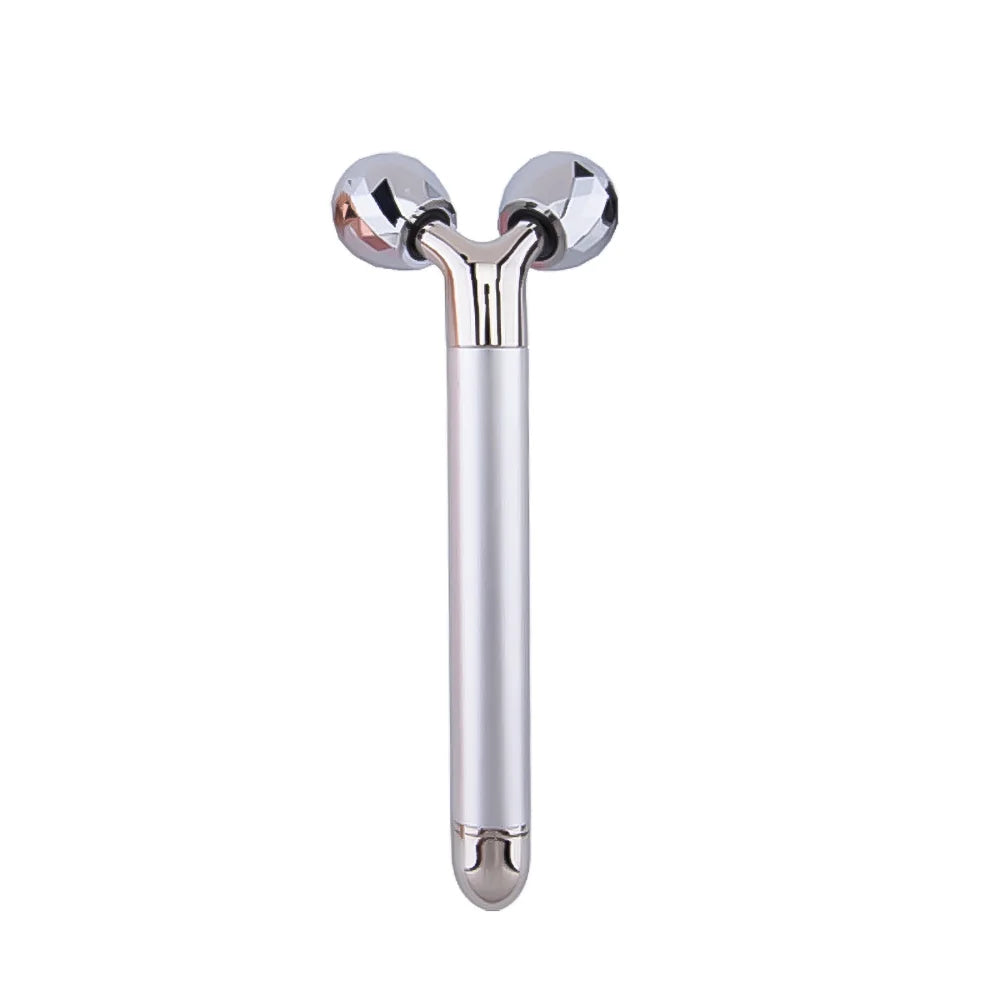 Rullo massaggiante viso 3D in acciaio inox, design ergonomico, doppia sfera rotante, per lifting e tonificazione pelle, cura del viso e bellezza.