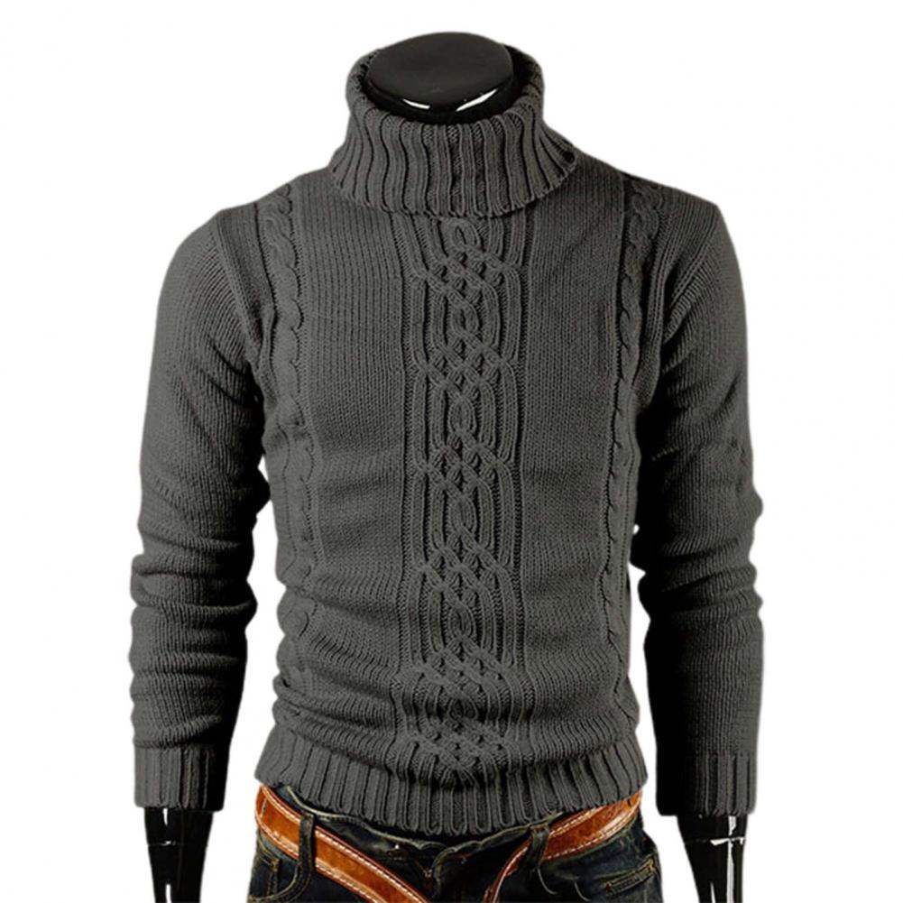 Maglione a collo alto grigio scuro da uomo, lavorato a maglia con motivo intrecciato, ideale per l'inverno. Stile casual ed elegante.
