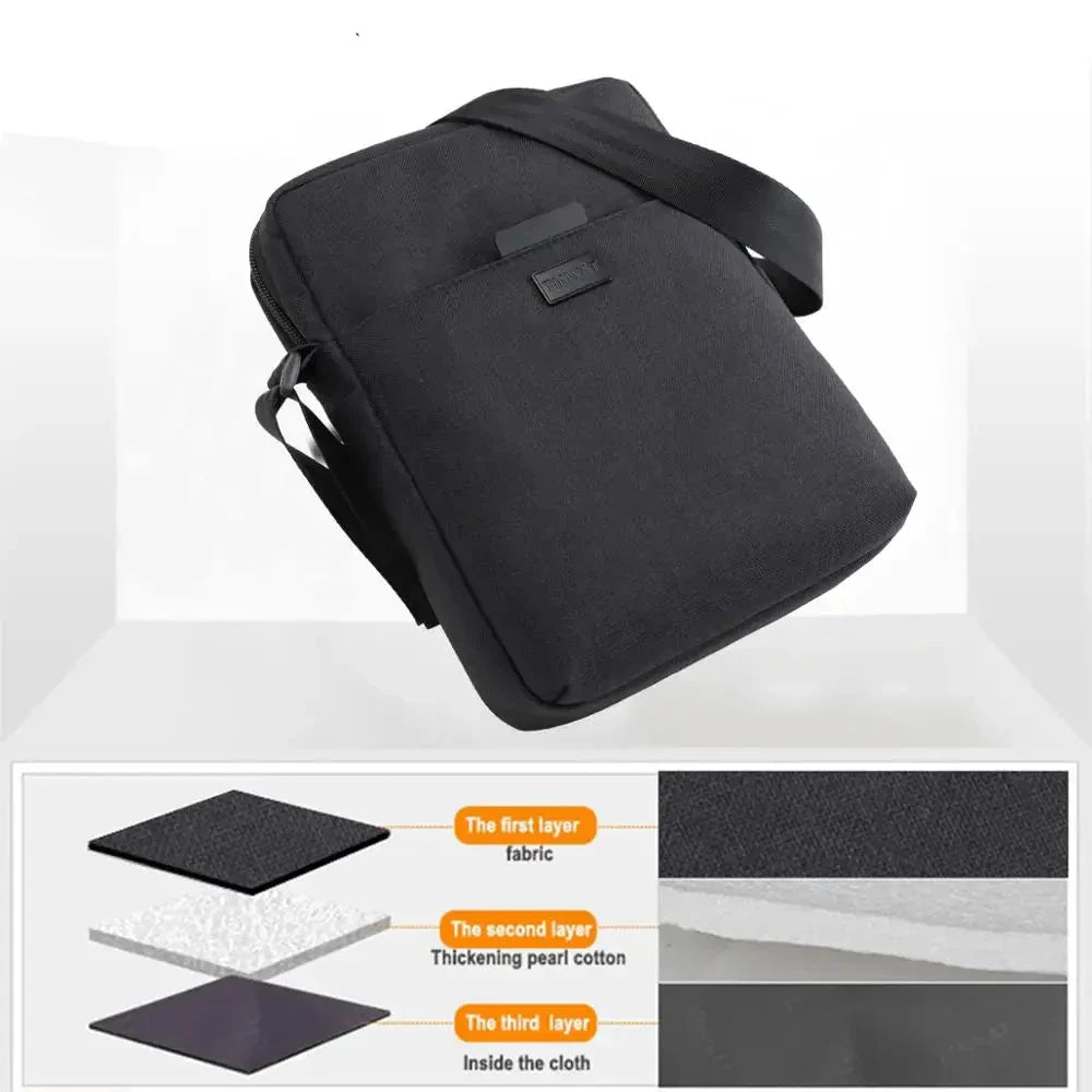 Borsa a tracolla nera impermeabile, design moderno, con tre strati protettivi: tessuto, cotone perlato, rivestimento interno. Ideale per laptop.