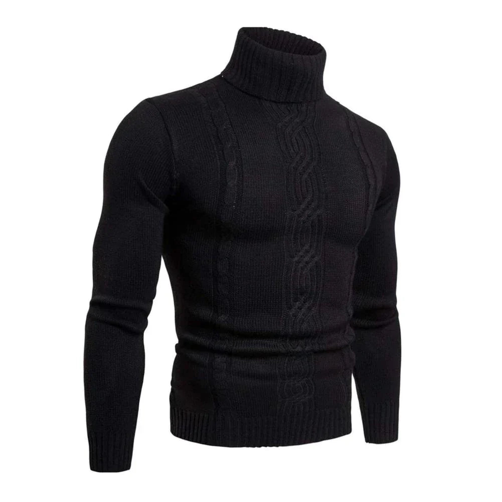 Maglione nero a collo alto da uomo, lavorato a maglia con motivo a trecce, maniche lunghe, elegante e caldo, ideale per l'inverno.