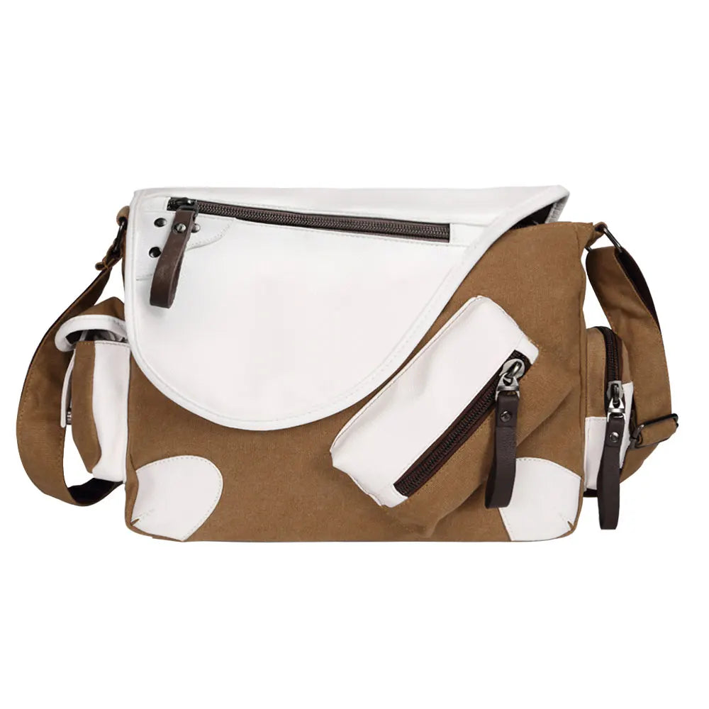 Borsa a tracolla marrone e bianca con tasche multiple e cerniere, design moderno, ideale per viaggi e uso quotidiano. Accessorio moda unisex.