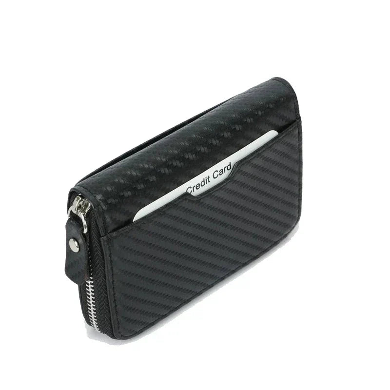 Portafoglio nero in fibra di carbonio con cerniera, tasca per carte di credito. Design elegante e moderno, accessorio uomo/donna.