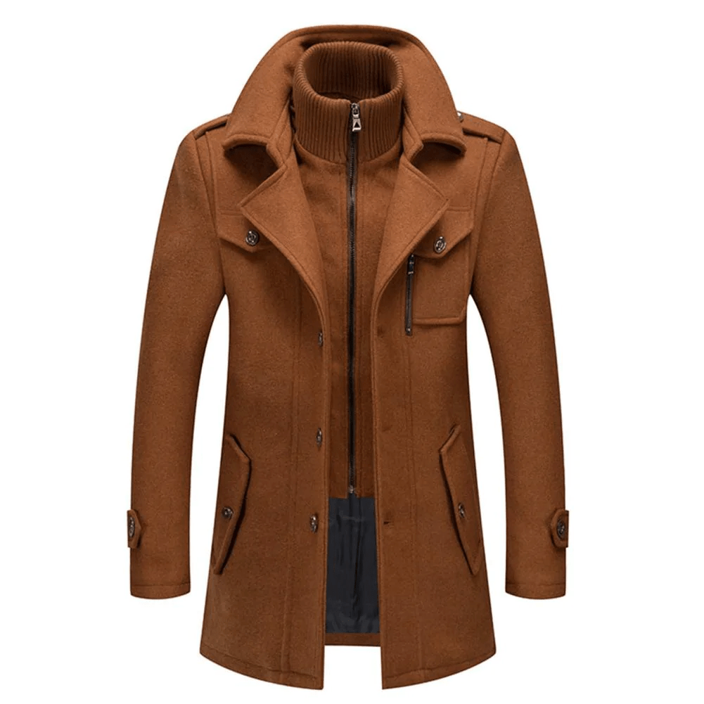 Cappotto uomo marrone in lana, design elegante con colletto alto e tasche, ideale per l'inverno. Giacca calda e alla moda per look sofisticato.