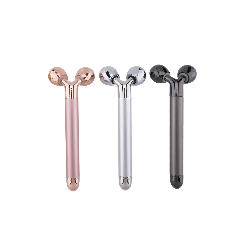 Tre rulli massaggianti per il viso in metallo, colori oro rosa, argento e nero, per lifting e tonificazione pelle. Accessori bellezza viso.