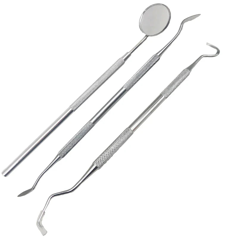 Set di strumenti dentali in acciaio inox, specchietto e sonde, per igiene orale professionale, odontoiatria, pulizia dentale, strumenti dentistici.