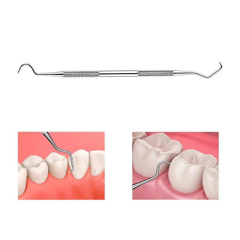 Strumento odontoiatrico in acciaio inossidabile, doppia estremità, per pulizia dentale professionale, igiene orale, cura denti e gengive.