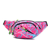 Marsupio sportivo rosa con motivo astratto blu e verde, cerniere nere e dettagli verdi. Accessorio moda unisex, ideale per attività all'aperto.