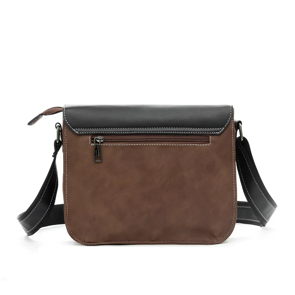 Borsa a tracolla in pelle marrone e nera, con cerniera frontale e cuciture bianche. Design elegante e pratico per uomo e donna.