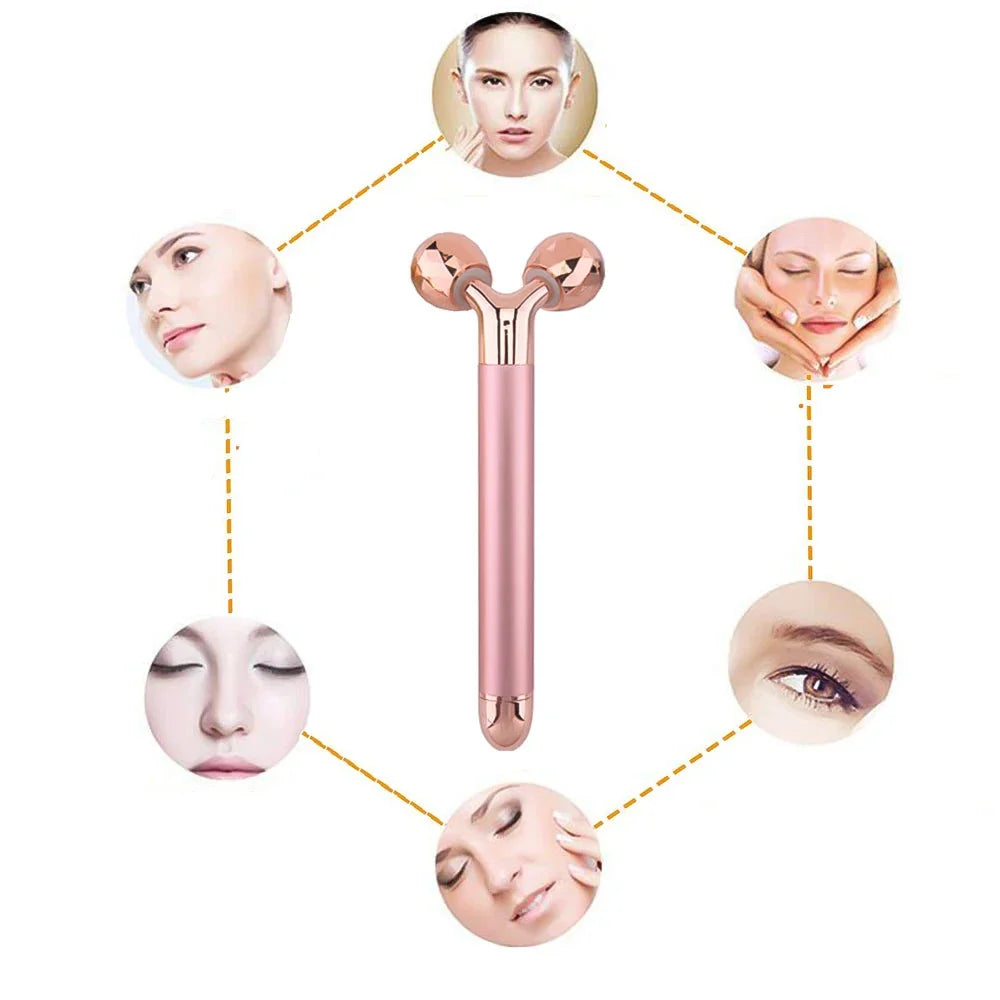 Rullo massaggiante viso rosa, doppia sfera, per lifting e tonificazione pelle. Immagini dimostrative di utilizzo su diverse aree del viso.