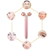 Rullo massaggiante viso rosa, doppia sfera, per lifting e tonificazione pelle. Immagini dimostrative di utilizzo su diverse aree del viso.