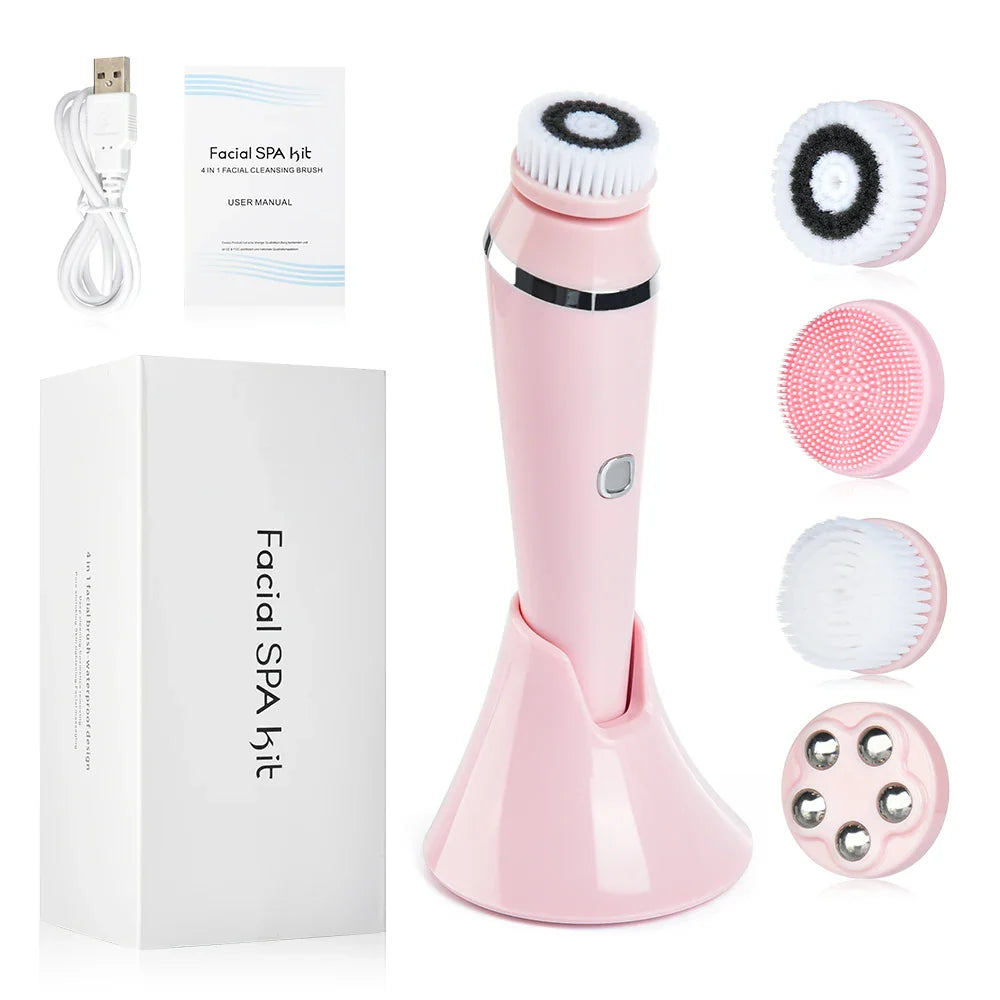 Set pulizia viso elettrico rosa con spazzola rotante, 4 testine intercambiabili, base di ricarica, cavo USB e manuale. Kit cura della pelle.
