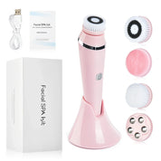 Set pulizia viso elettrico rosa con spazzola rotante, 4 testine intercambiabili, base di ricarica, cavo USB e manuale. Kit cura della pelle.