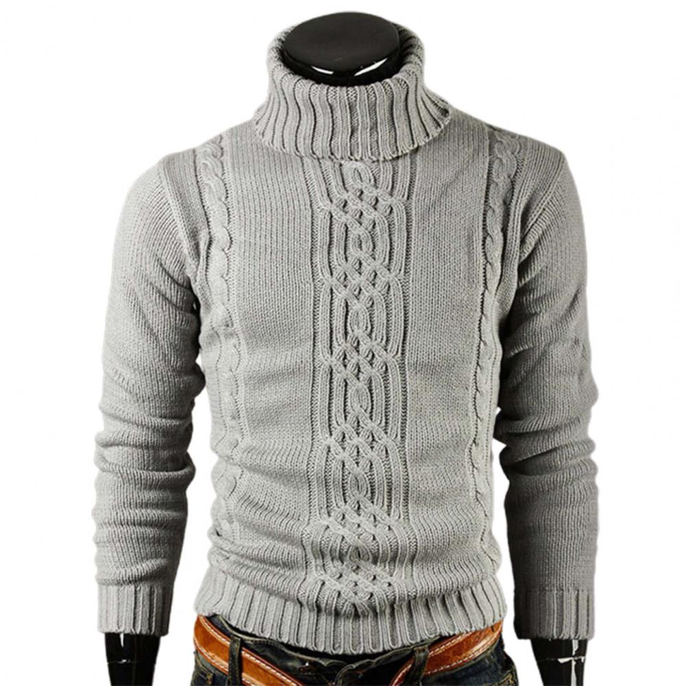 Maglione a collo alto grigio in lana, design intrecciato, moda uomo, abbigliamento invernale elegante, maglieria calda e confortevole.