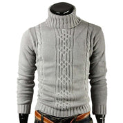 Maglione a collo alto grigio in lana, design intrecciato, moda uomo, abbigliamento invernale elegante, maglieria calda e confortevole.