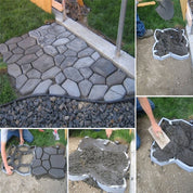 Stampo per pavimentazione fai-da-te in cemento, processo di creazione di piastrelle effetto pietra per giardino, posa e livellamento del calcestruzzo.