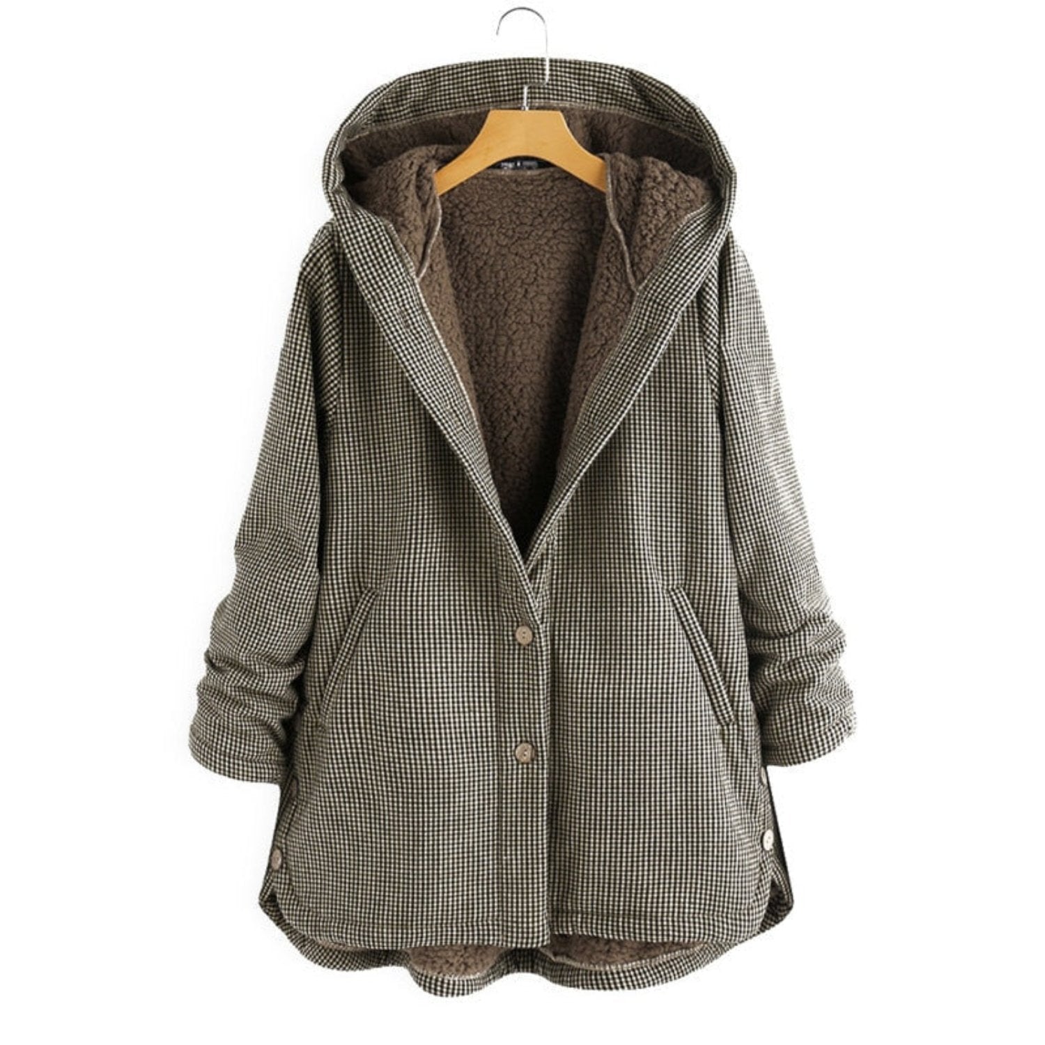 Giacca invernale donna con cappuccio, motivo a quadri, foderata in pile, chiusura a bottoni, maniche lunghe, casual e calda.