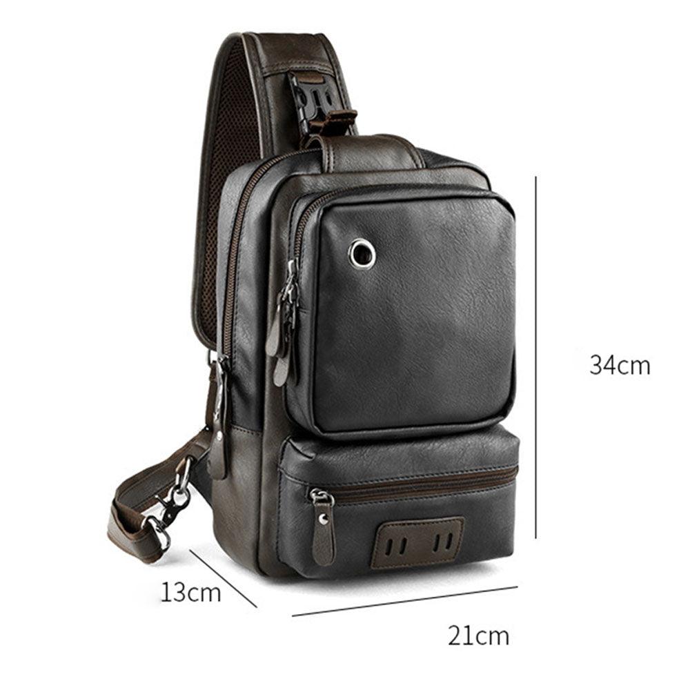 Zaino a tracolla in pelle nera, dimensioni 34x21x13 cm, con tasche multiple e porta USB. Design elegante e funzionale per uomo e donna.