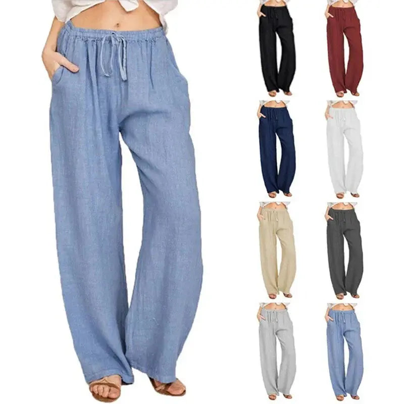 Pantaloni larghi donna in lino, vari colori, vita alta con coulisse, tasche laterali, moda casual estiva, taglie assortite.