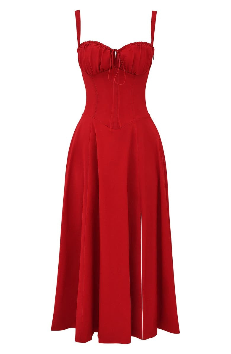 Abito rosso elegante con spalline sottili, scollo a cuore e gonna svasata. Perfetto per eventi serali e cerimonie. Moda donna, abbigliamento formale.