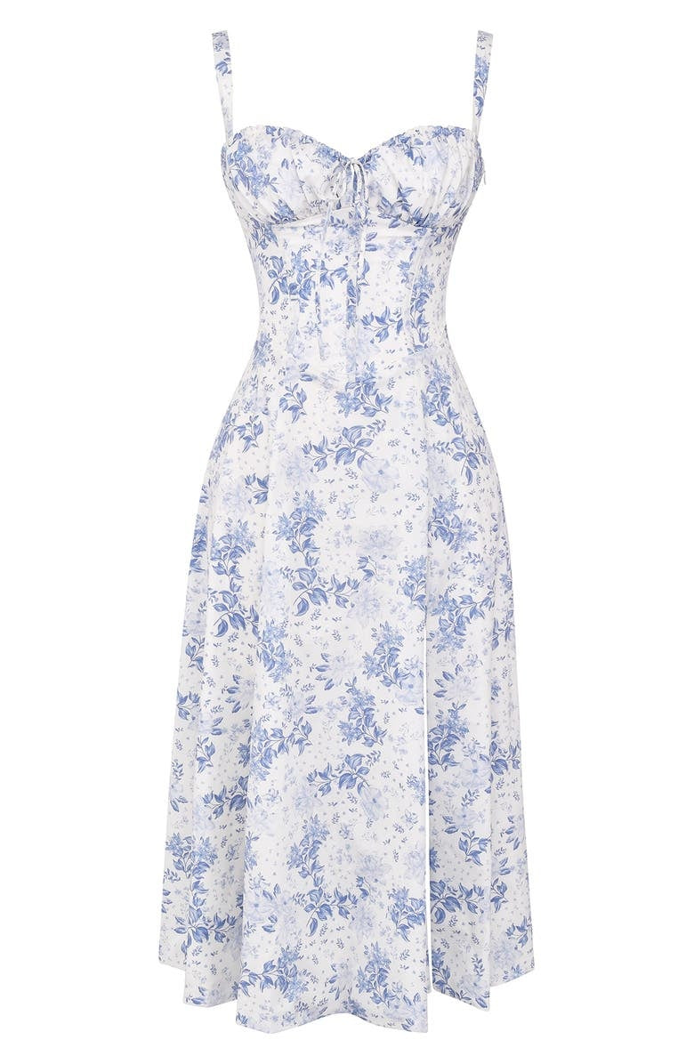 Abito estivo donna a fiori blu e bianchi, stile vintage, con spalline sottili e scollo a cuore. Perfetto per occasioni casual e eleganti.