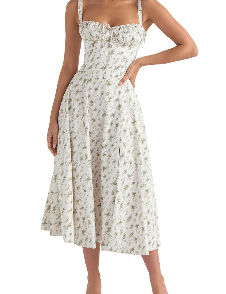 Abito estivo donna bianco a fiori, lunghezza midi, spalline larghe, scollo a cuore, stile elegante, perfetto per occasioni estive e cerimonie.