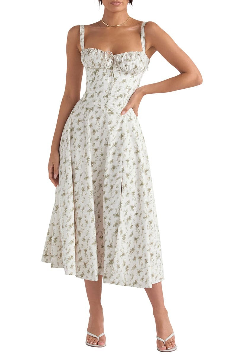 Abito estivo donna bianco a fiori, lunghezza midi, spalline larghe, scollo a cuore, stile elegante, perfetto per occasioni estive e cerimonie.