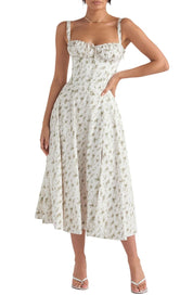 Abito estivo donna bianco a fiori, lunghezza midi, spalline larghe, scollo a cuore, stile elegante, perfetto per occasioni estive e cerimonie.