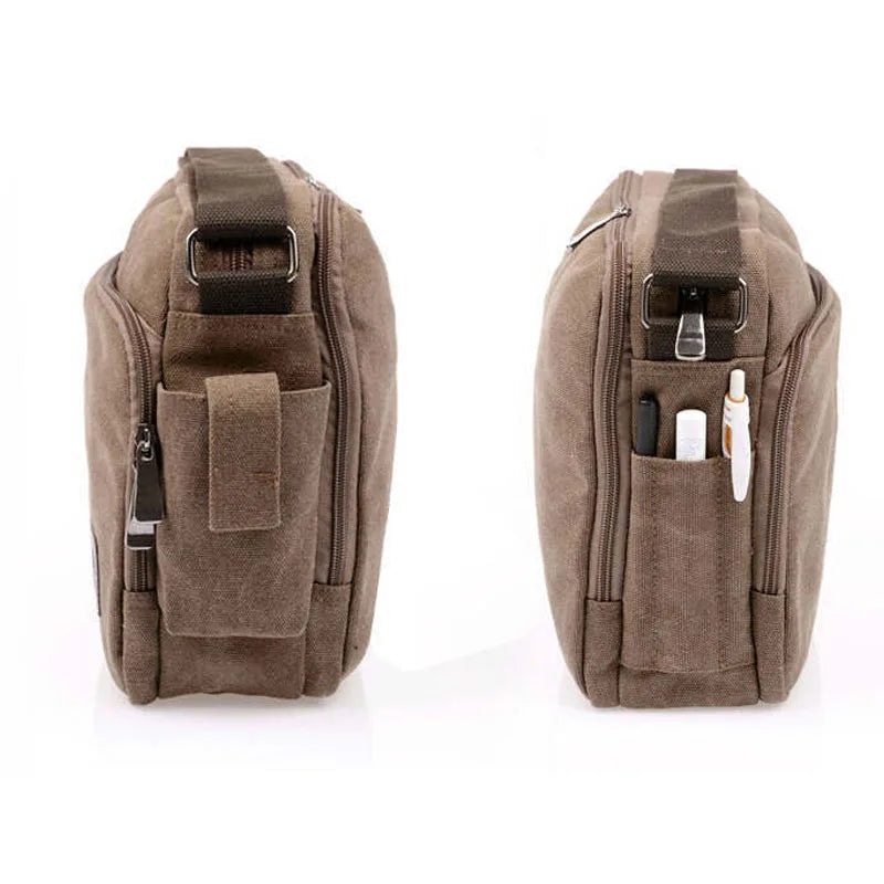Borsa a tracolla in tela marrone con tasche laterali, cerniera robusta, design compatto, ideale per uomo e donna, perfetta per lavoro e viaggio.