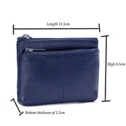 Portafoglio in pelle blu scuro con doppia cerniera, dimensioni 11,5x8,5x1,2 cm. Elegante e compatto, ideale per carte e monete.