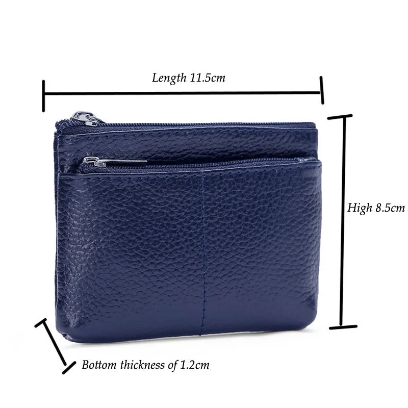 Portafoglio in pelle blu scuro con doppia cerniera, dimensioni 11,5x8,5x1,2 cm. Elegante e compatto, ideale per carte e monete.