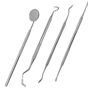 Set di strumenti dentali in acciaio inox, specchietto e sonde per igiene orale professionale, kit odontoiatrico per pulizia dentale e controllo.