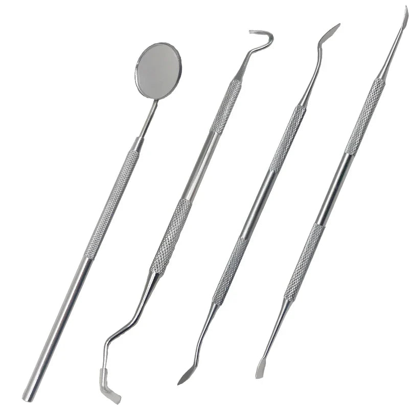 Set di strumenti dentali in acciaio inox, specchietto e sonde per igiene orale professionale, kit odontoiatrico per pulizia dentale e controllo.