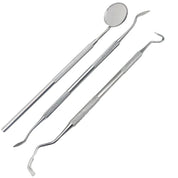 Set di strumenti dentali in acciaio inox, specchietto e sonde, per igiene orale professionale, strumenti odontoiatrici di alta qualità.