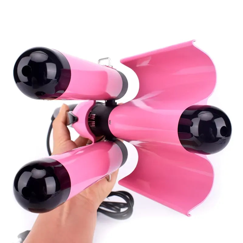Asciugacapelli professionale rosa, potente e portatile, con design a tre tubi e manico ergonomico. Ideale per styling veloce e preciso.