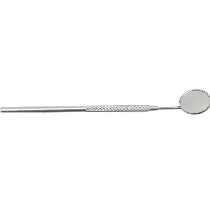 Specchio dentale in acciaio inossidabile, strumento odontoiatrico essenziale per esami orali, diagnostica dentale professionale, manico antiscivolo.